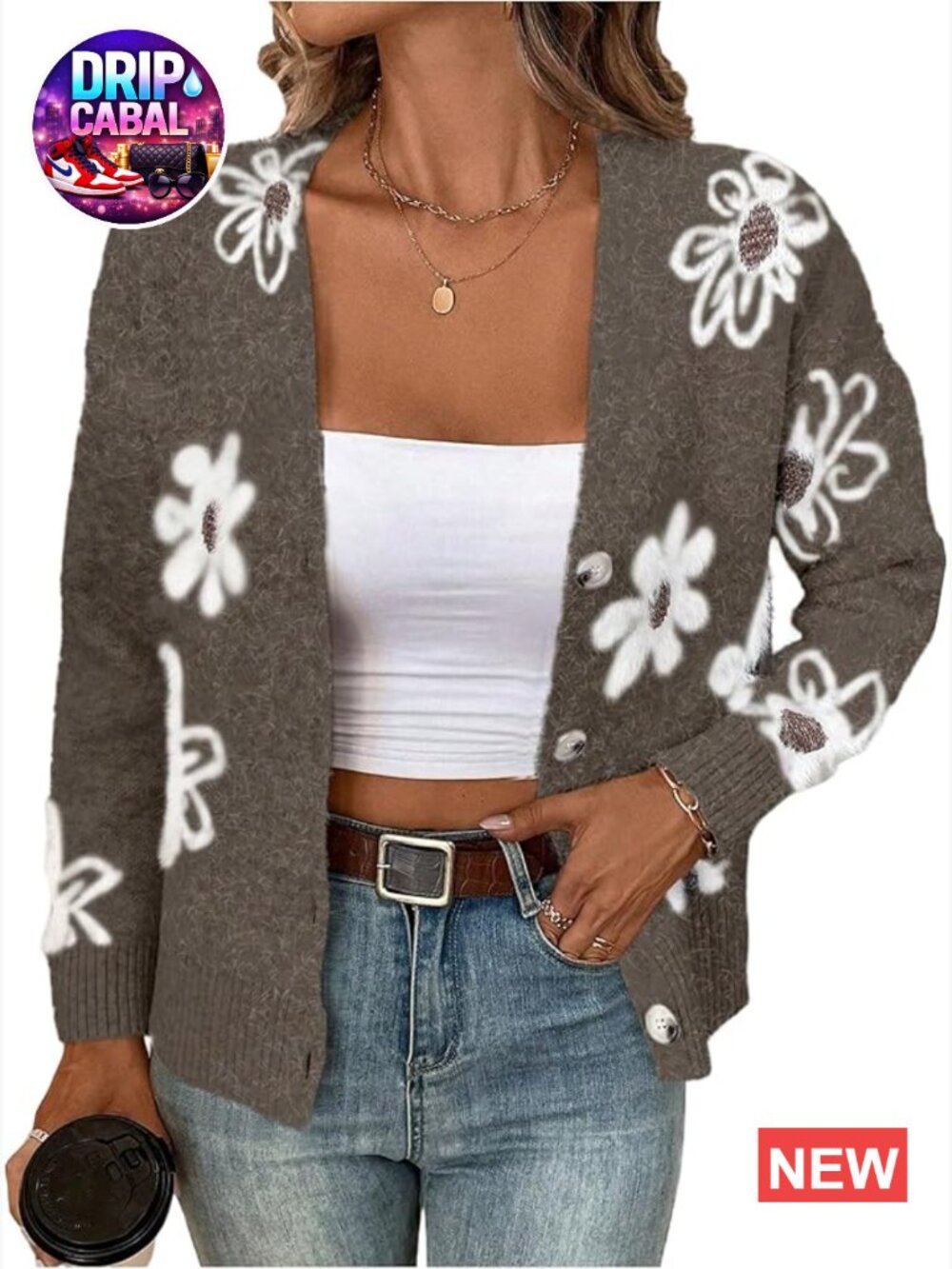 Floral Print Button Down V Neck Drop Shoulder Long Sleeve Knit Cardigan Sweater